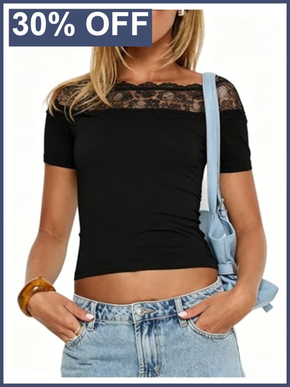 Women Off The Shoulder Lace Trim Crop Slim Fit Top
